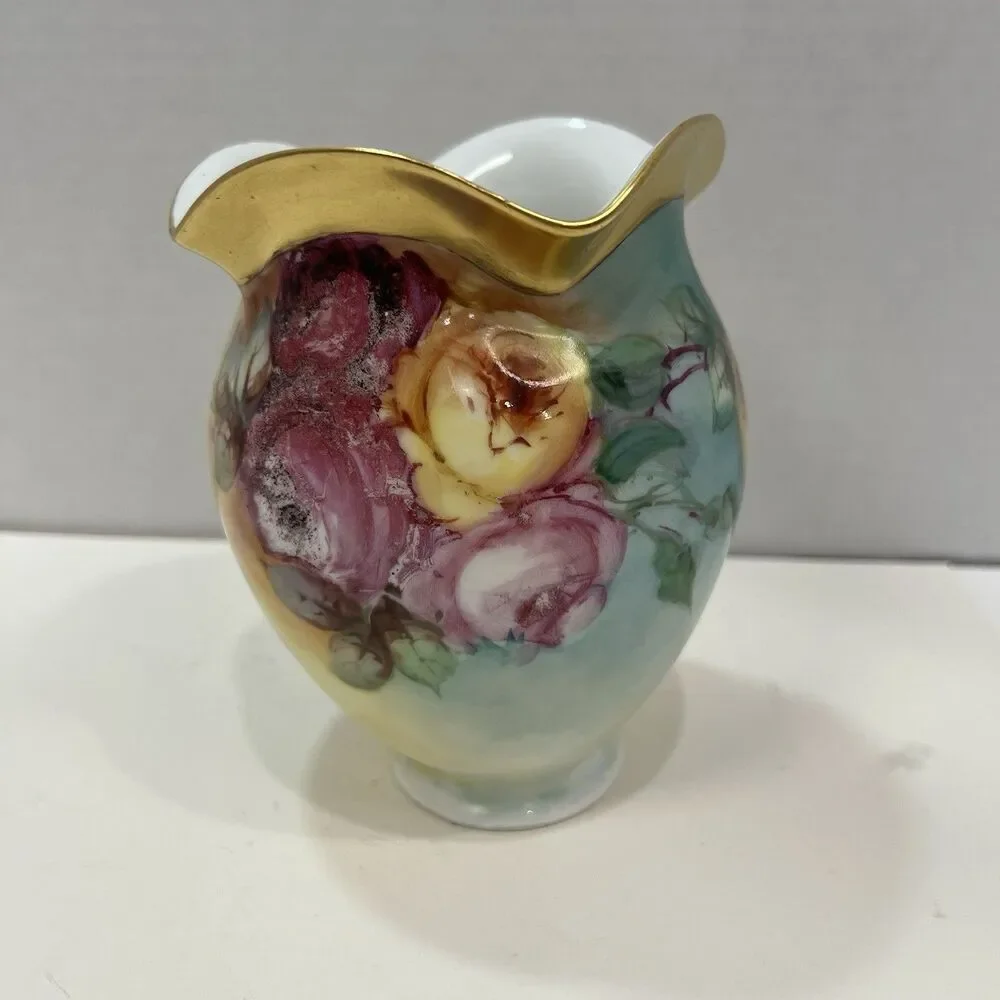 Vintage 1946 Hand Painted Porcelain Lamp Shade Roses Gold Ruffled 2.25